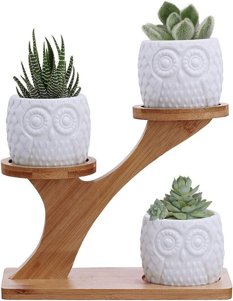 ceramic owls on three-tiered bamboo stand