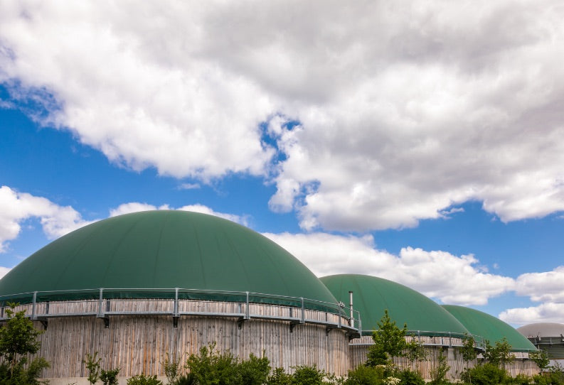 Three large anaerobic digesters with green roofs