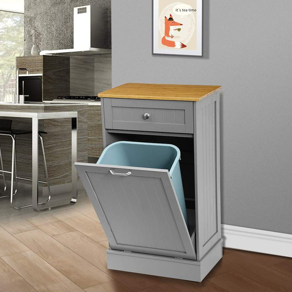 cabinet with a tilting cabinet with a trash can inside