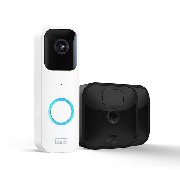 A white doorbell camera next to a black outdoor camera