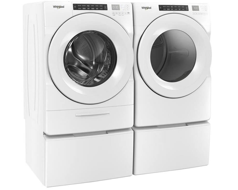 Matching white washing machine and dryer on a white background