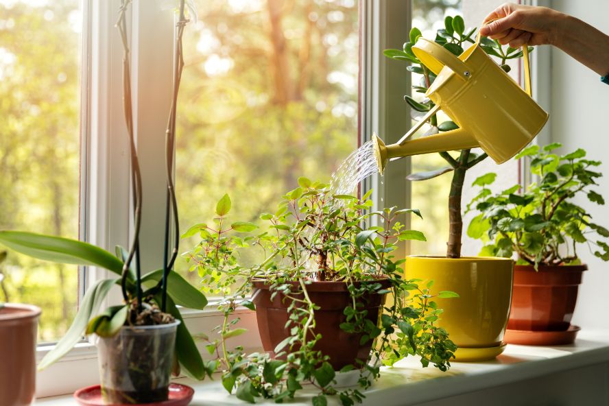 a watering can being poured on plants on a windowsill