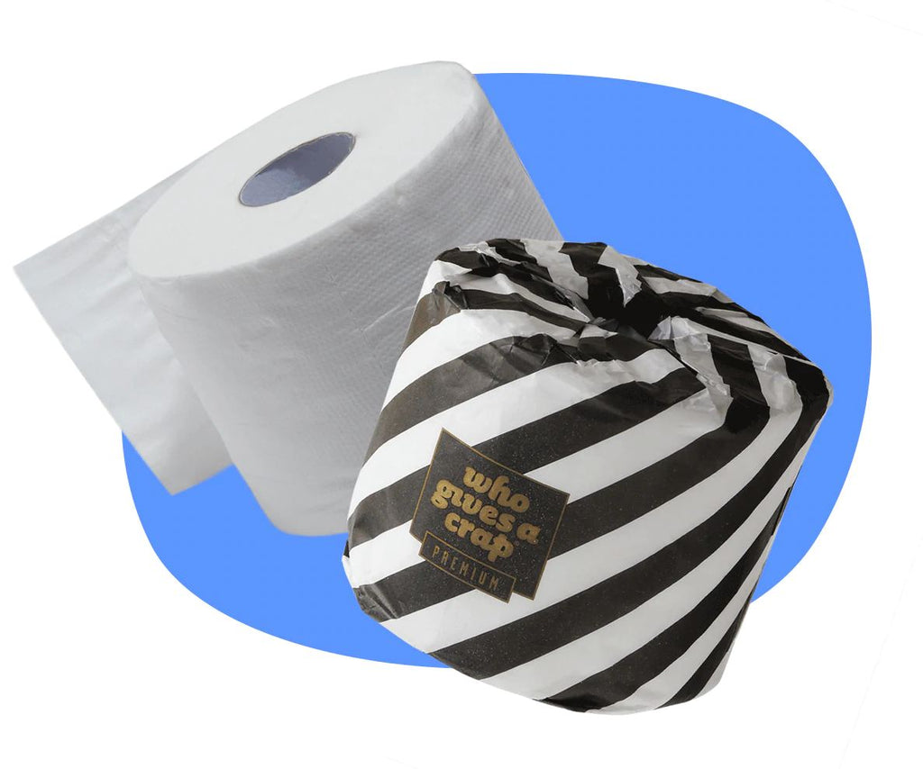 Two rolls of Who Gives a Crap toilet paper