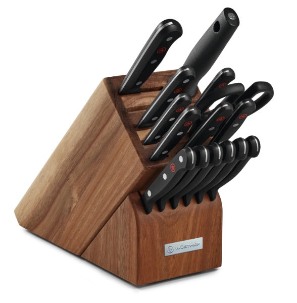 Product image of the dark wood knife block, with each knife in its proper slot in the block