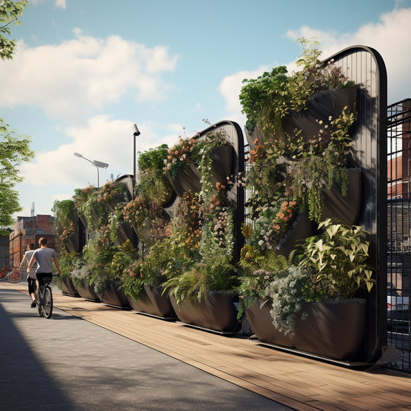 Vertical Gardens in an urban area with people riding bikes