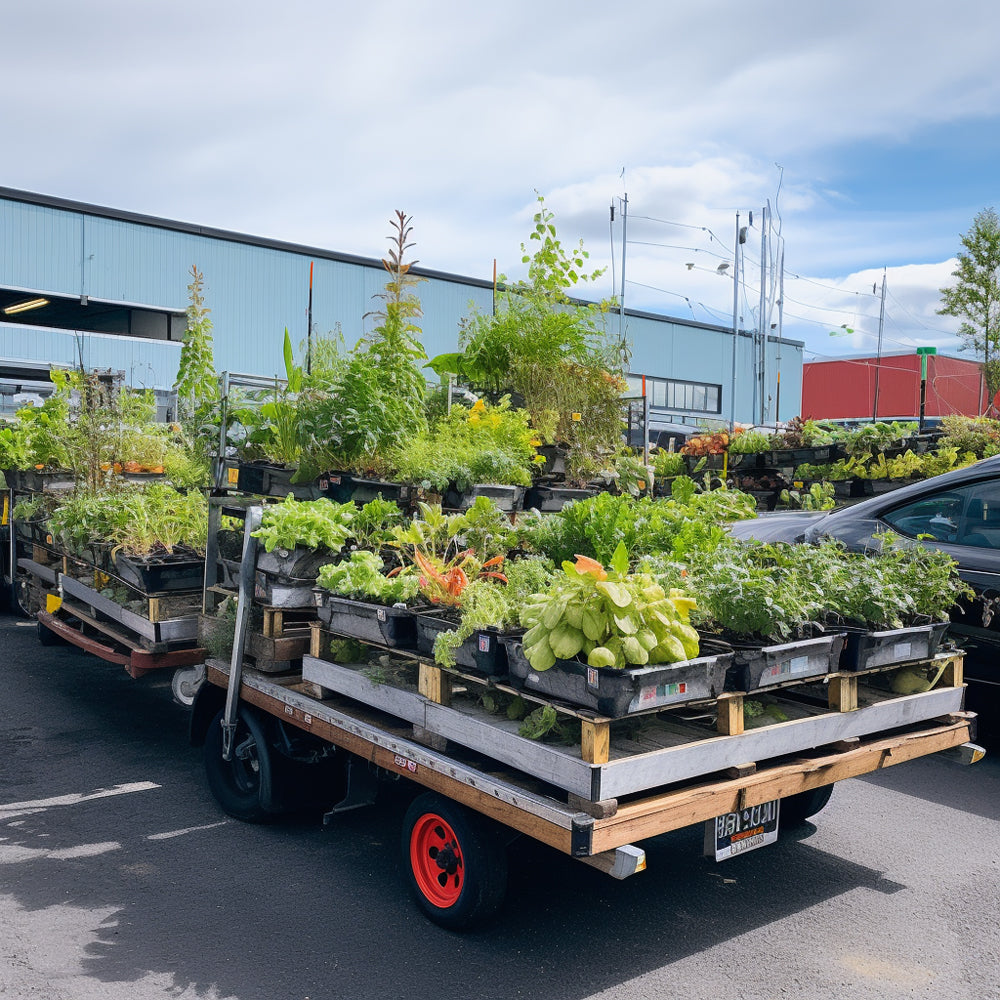 Vertical Garden containers using recycled plastic on a truck trailer - plant seads