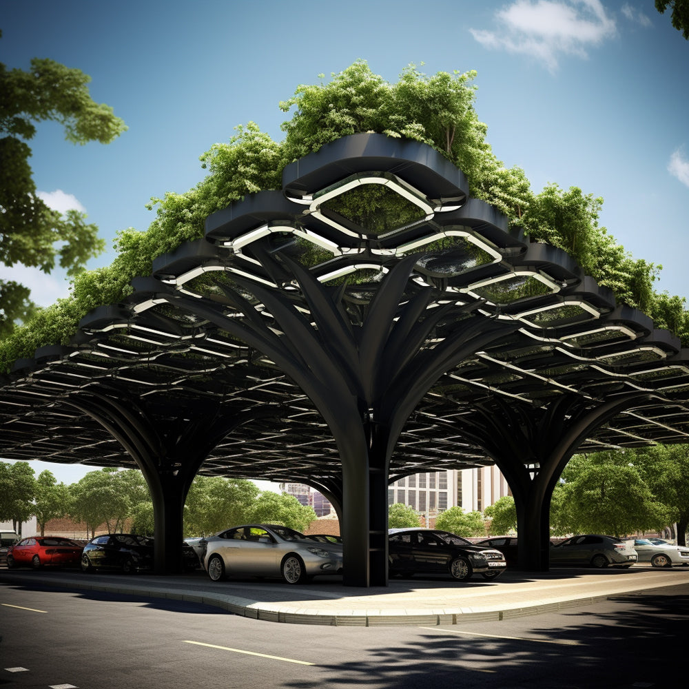 A vertical garden planter that is made from recycled plastic creates a covered area for parking - plant seads