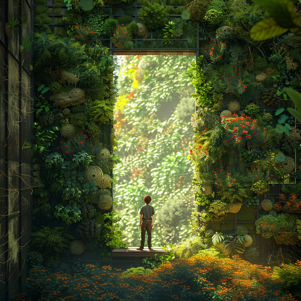 A small child stands in a doorway looking into an area that is covered with plants and vertical gardens - plant seads