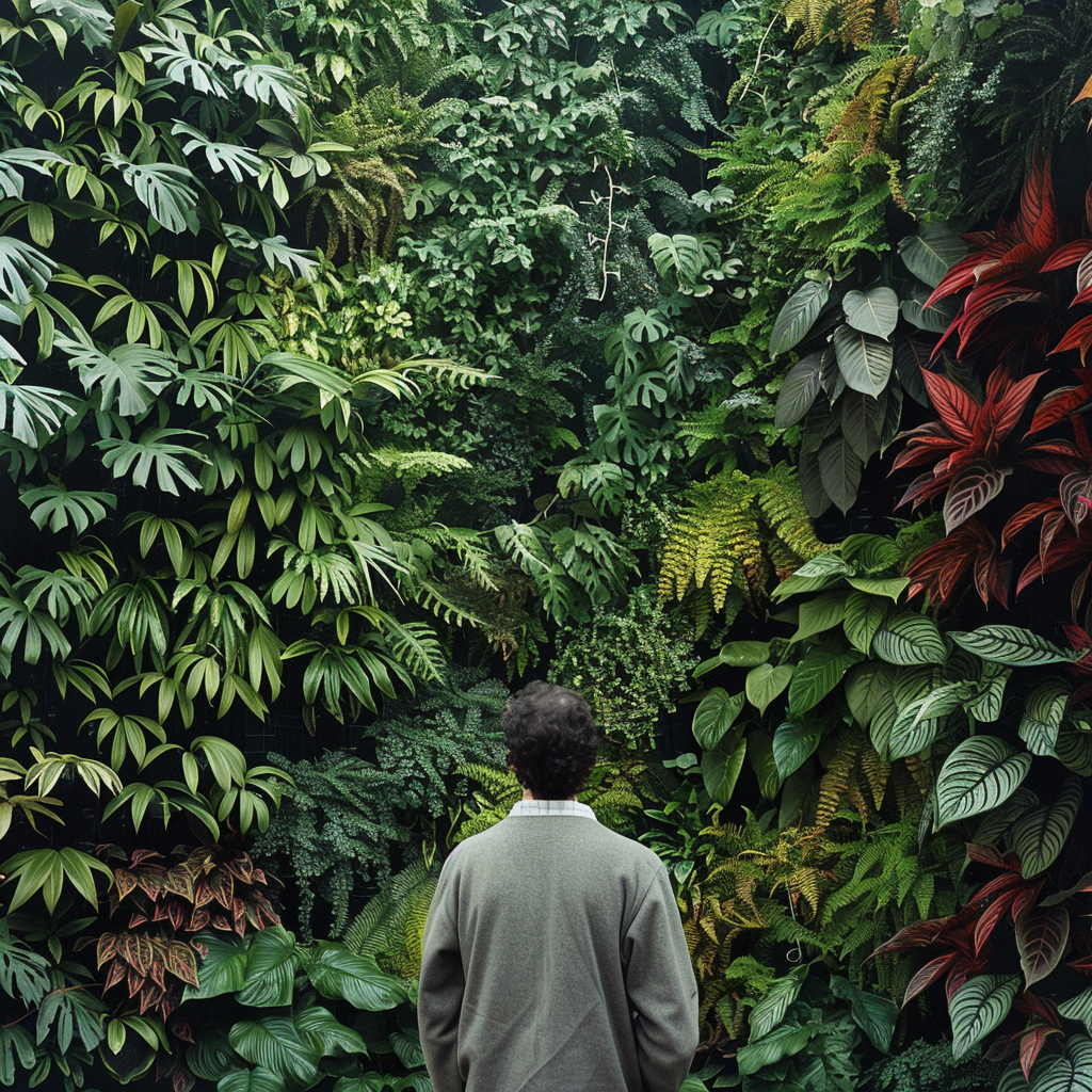 A man stands in front of his vertical garden assessing the selections he has made in what plants he wants to cultivate - plant seads