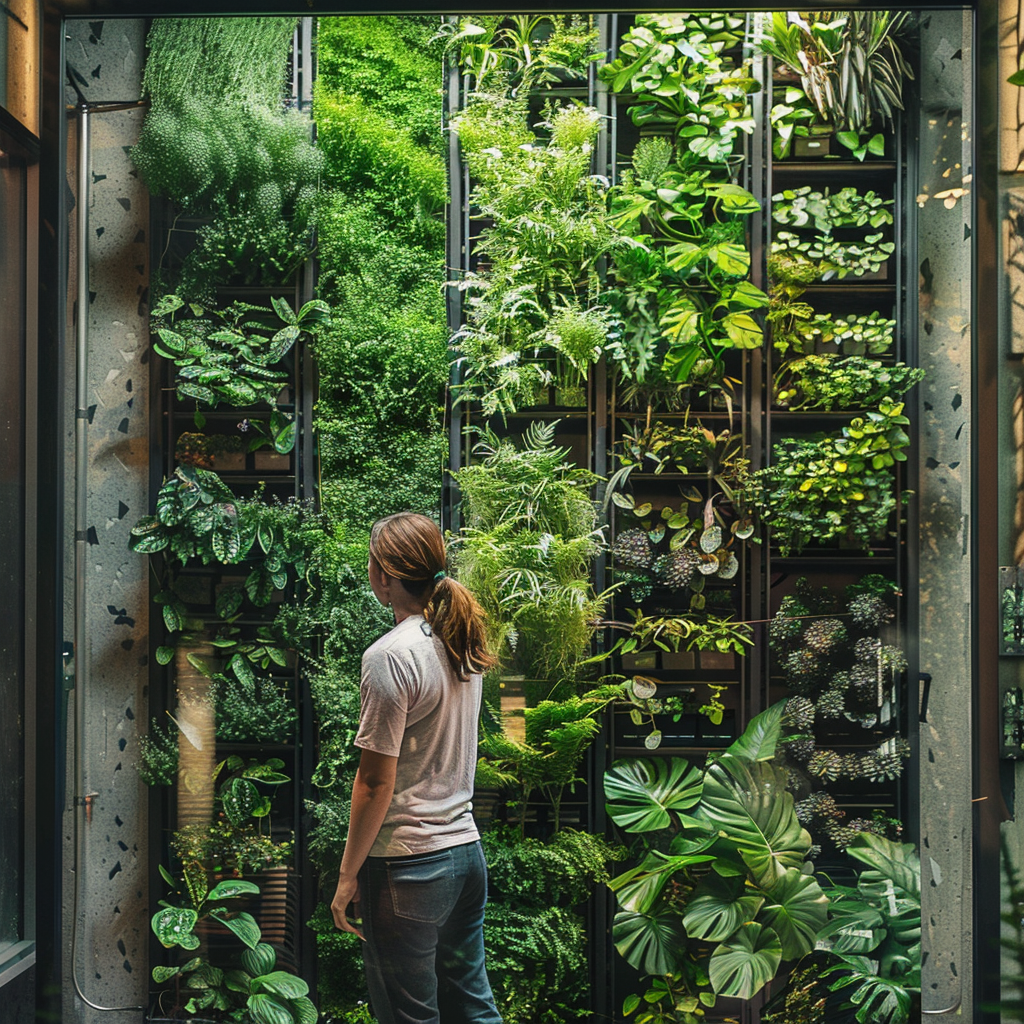 A woman caring for her vertical garden - plant seads