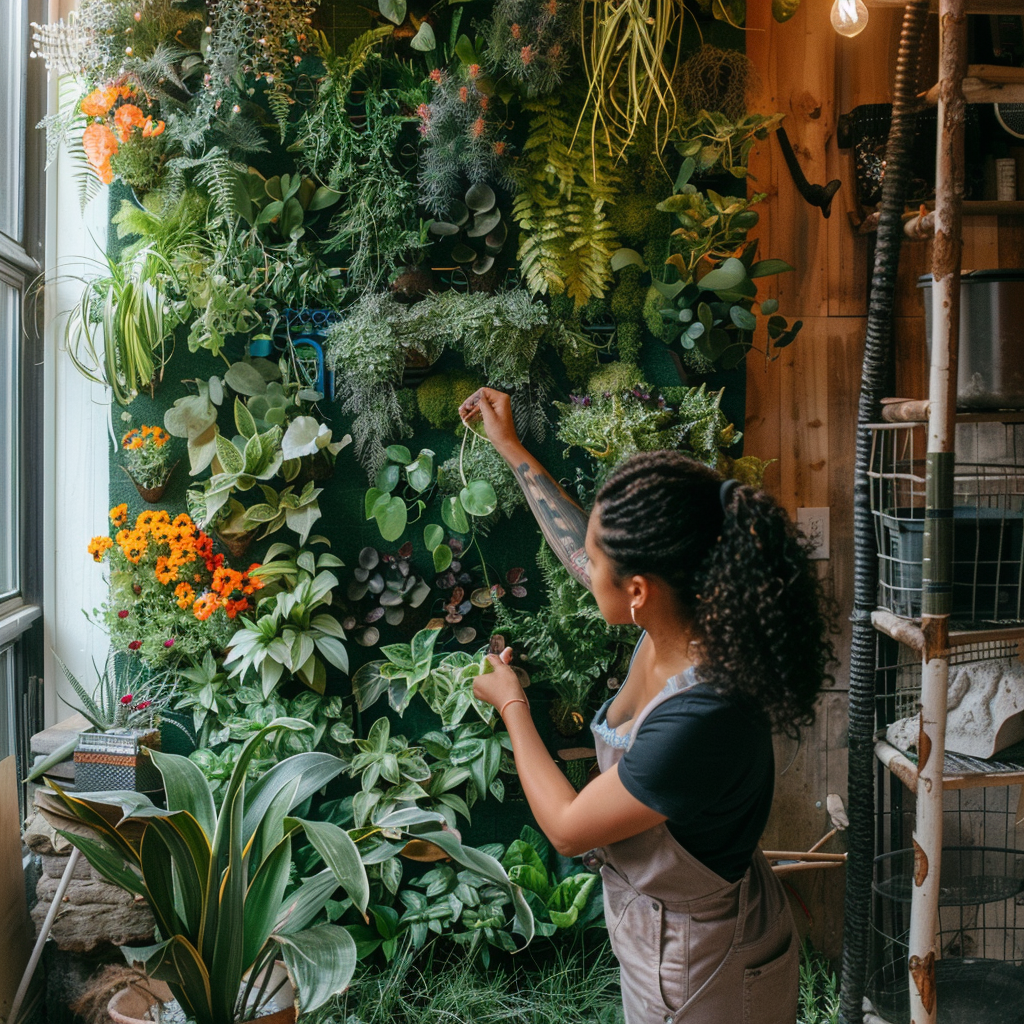 A woman selects plants and locations for her vertical garden - plant seads