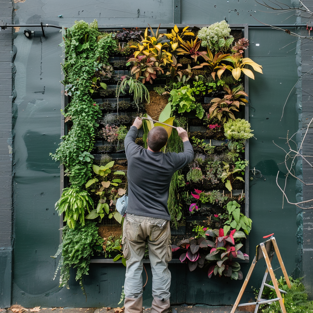 A man assembles his vertical garden for the first time - plant seads