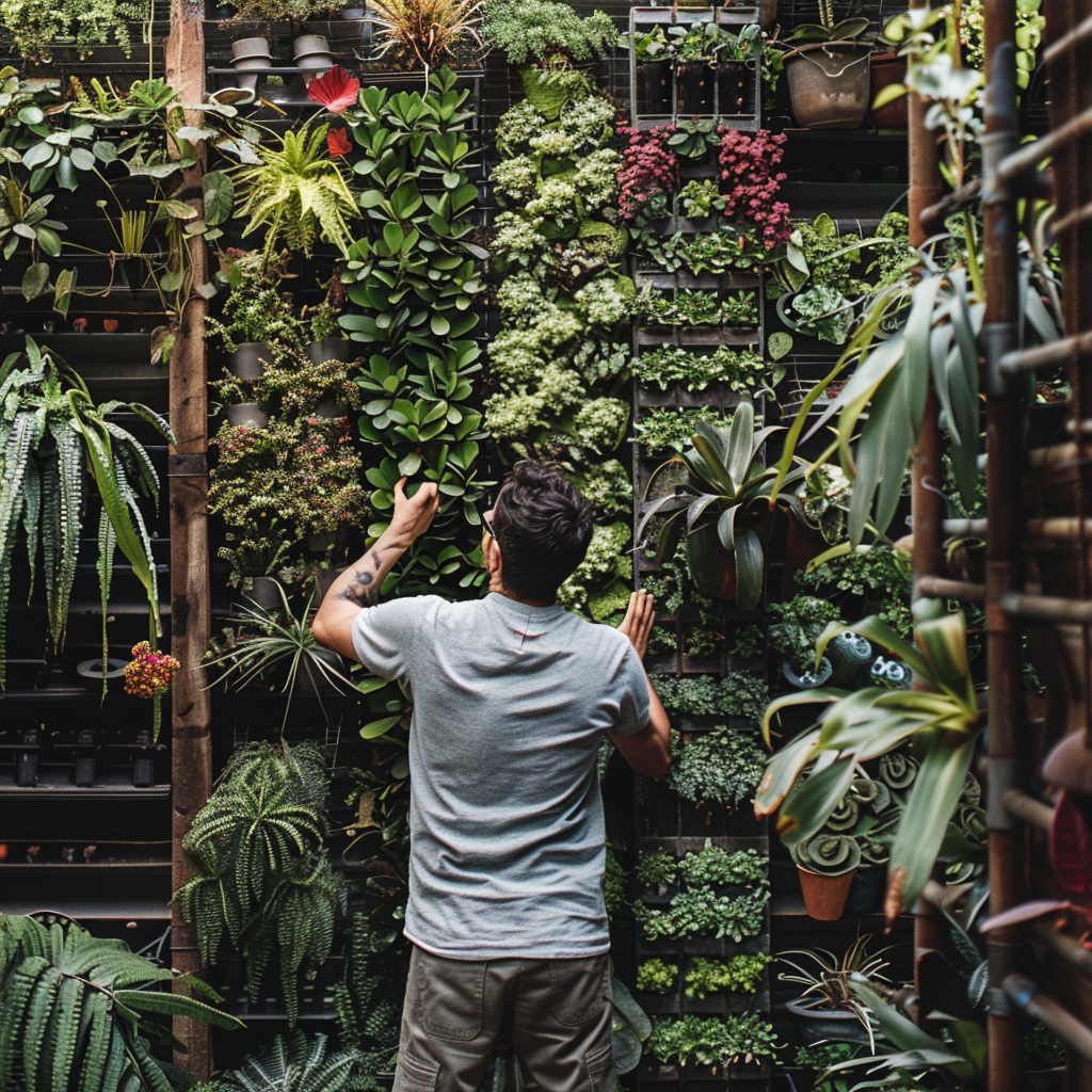 a man stands in front of his vertical garden in awe of what he created - plant seads