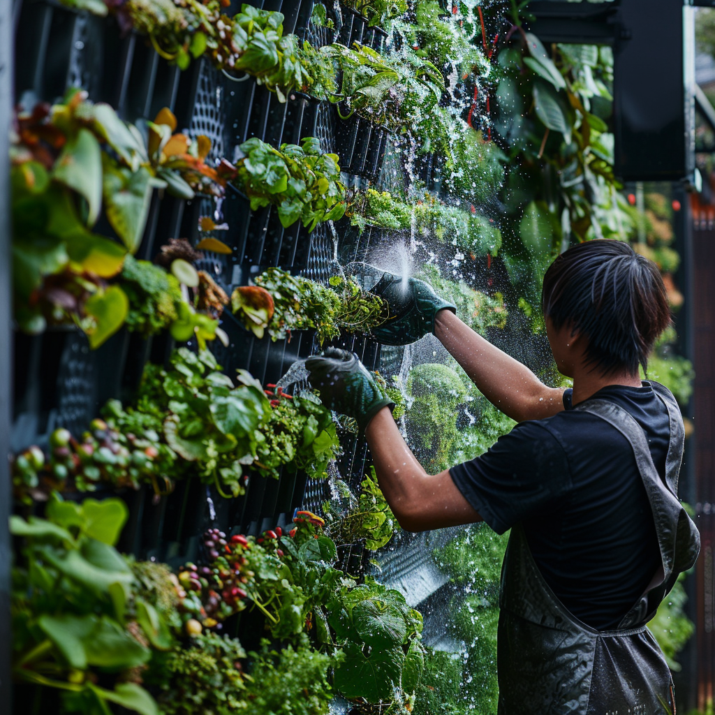 A woman waters her vertical garden for the first time - plant seads