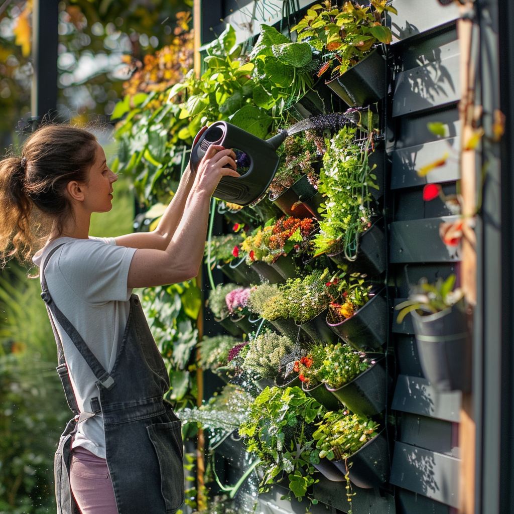 a woman waters her vertical garden for the first time - plant seads