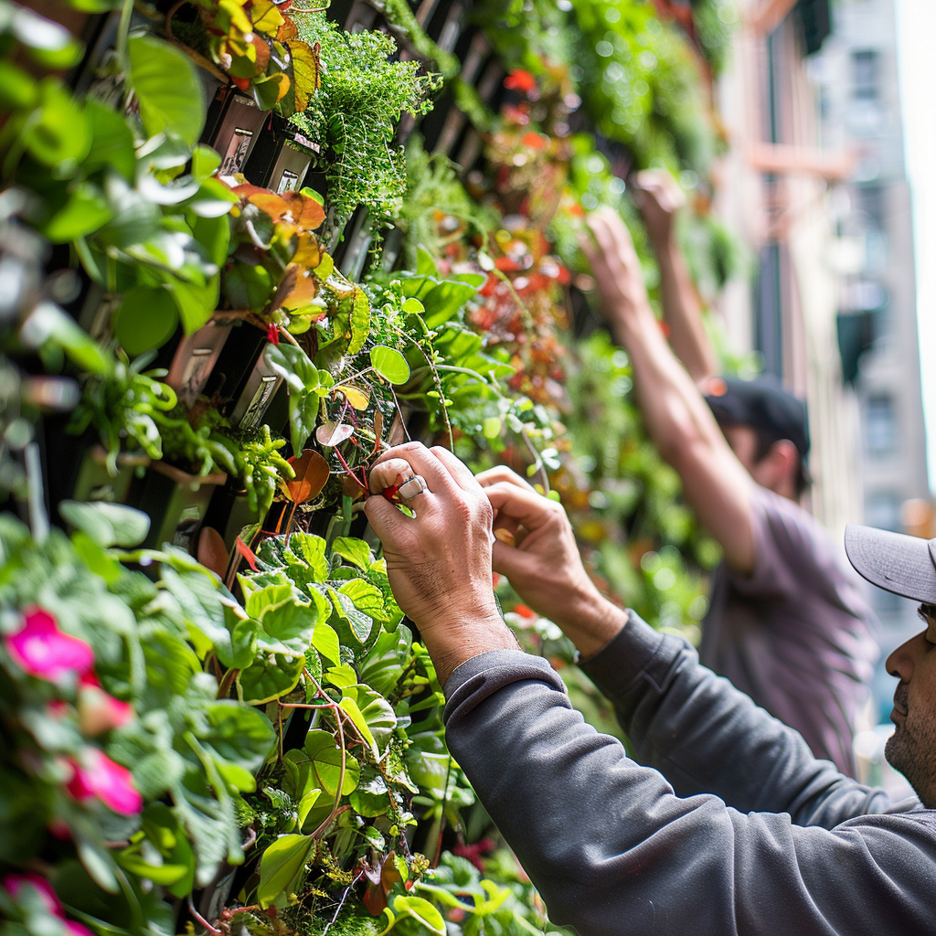 A person tending to a vertical garden planter who clearly understands the environment - Plant Seads