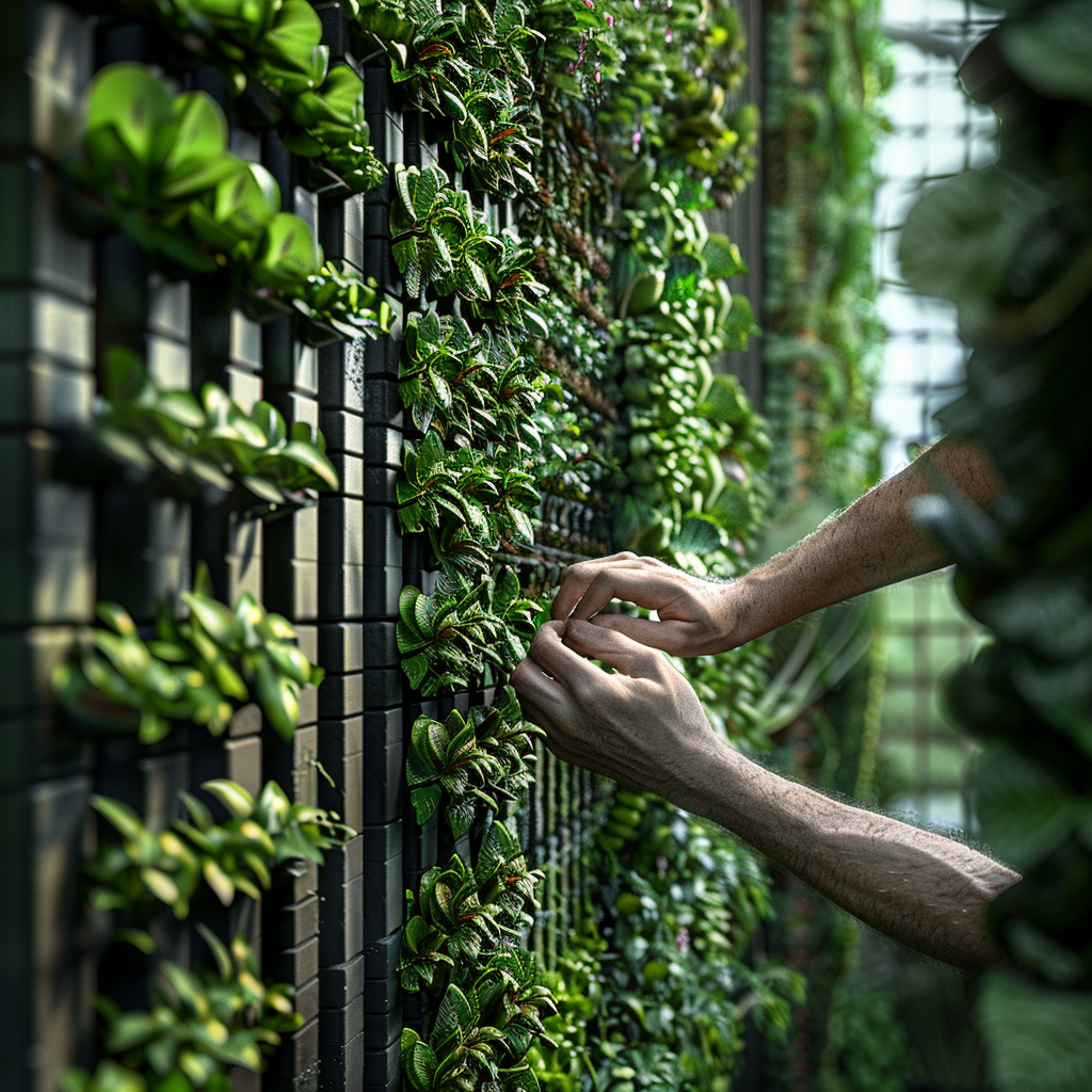 Vertical Garden Planters in a greenhouse being tended by caring hands - plant seads vertical garden planters