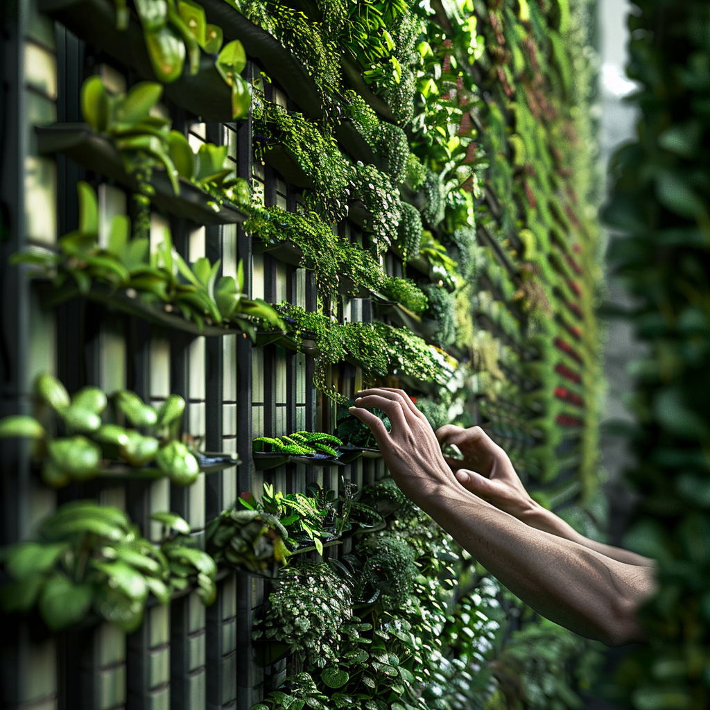Vertical garden being tended in an urban space - plant seads