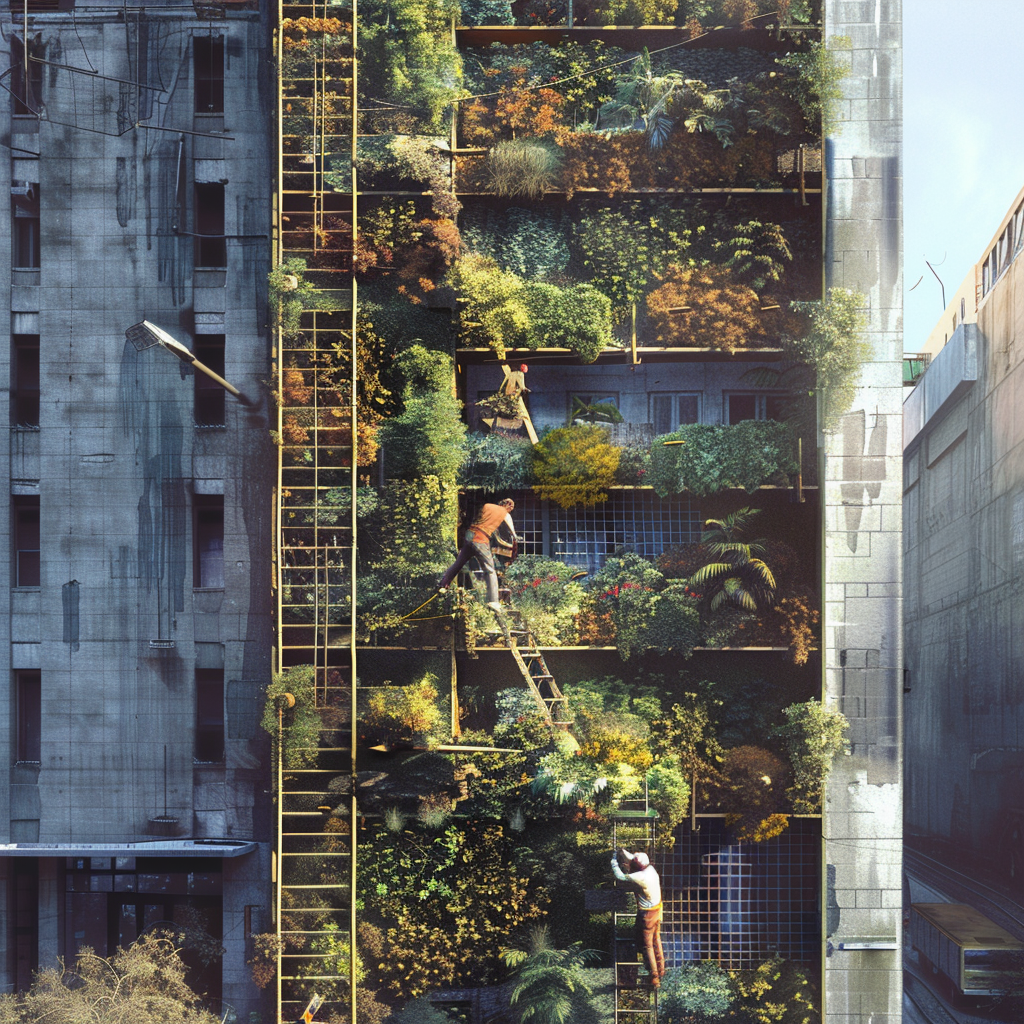 Vertical Garden being tended by gardeners in urban area - plant seads
