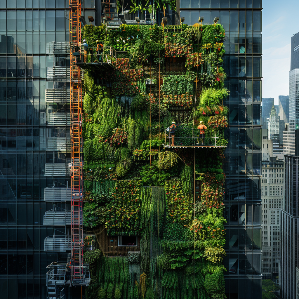 A massive vertical garden on a skyscraper that is very cohesive and looks amazing - plant seads