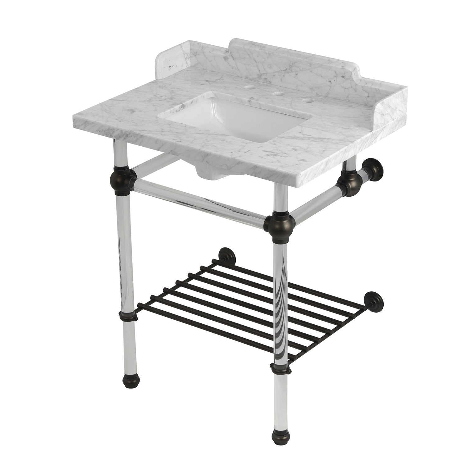 Kingston Brass LMS30MASQB5 Pemberton 30" Carrara Marble Console Sink with Acrylic Legs and Shelf (8-Inch, 3-Hole), Marble White/ - Kingston Brass Outlet product image