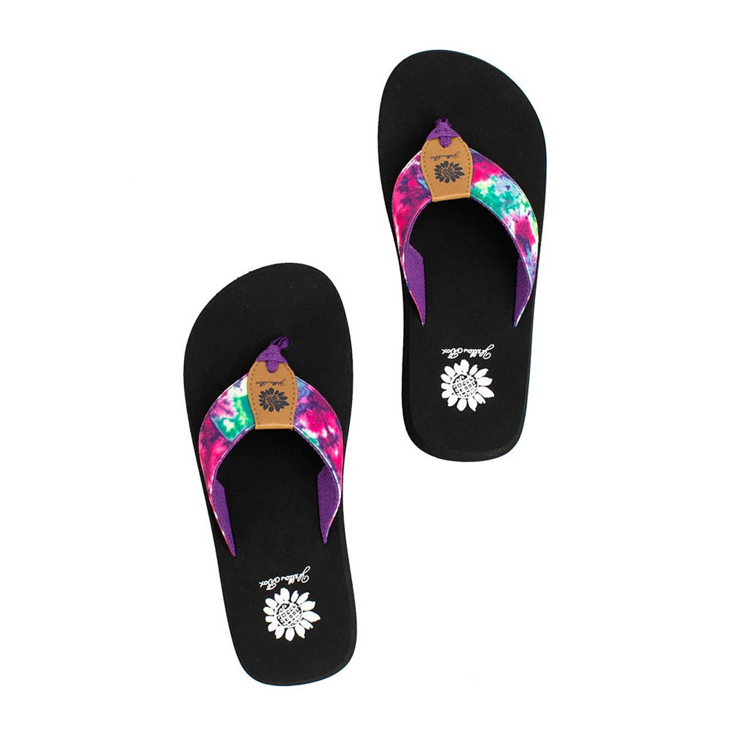 yellow box flip flops purple