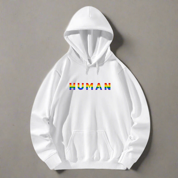 white hoodie with rainbow HUMAN printed across the front for lgbt pride