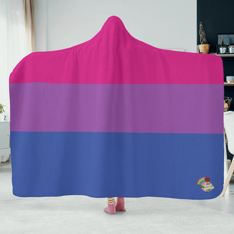Person wearing Bisexual Pride Hooded Blanket indoors