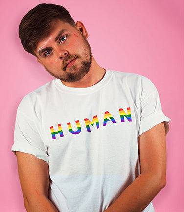 guy wearing human rainbow lgbt pride shirt