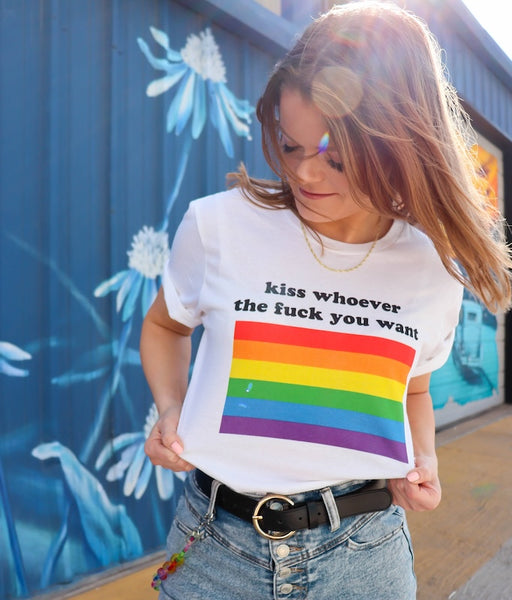 Girl wearing rainbow lgbt pride shirt