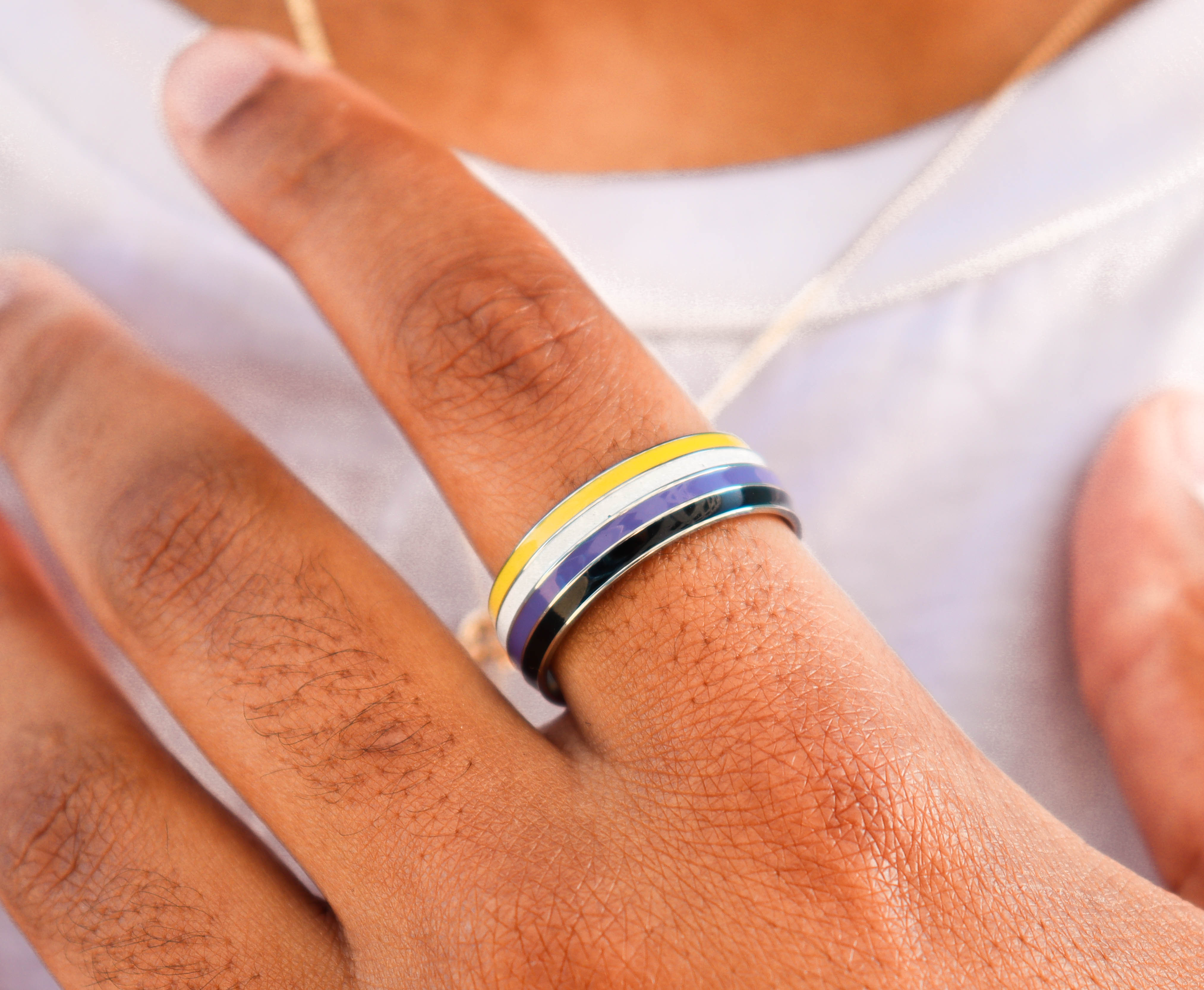 Non binary pride ring on the index finger help up to a persons chest