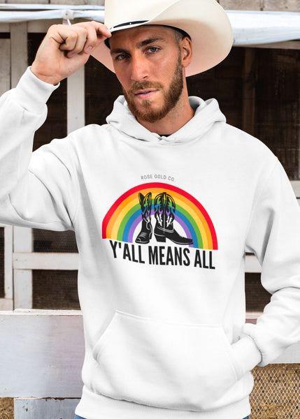 man wearing yall means all lgbt pride hoodie