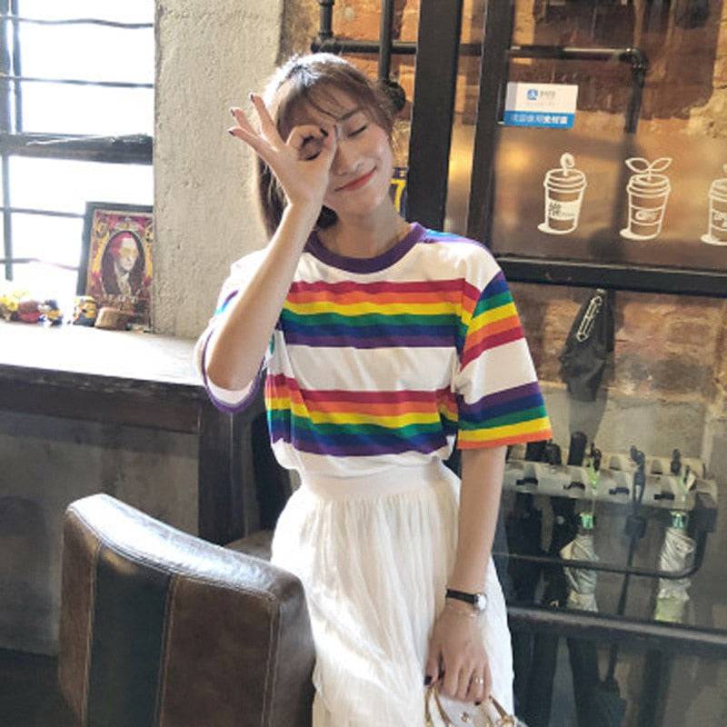 Rainbow and White Color Stripes Loose Half-Sleeved T-Shirt – Rose Gold ...