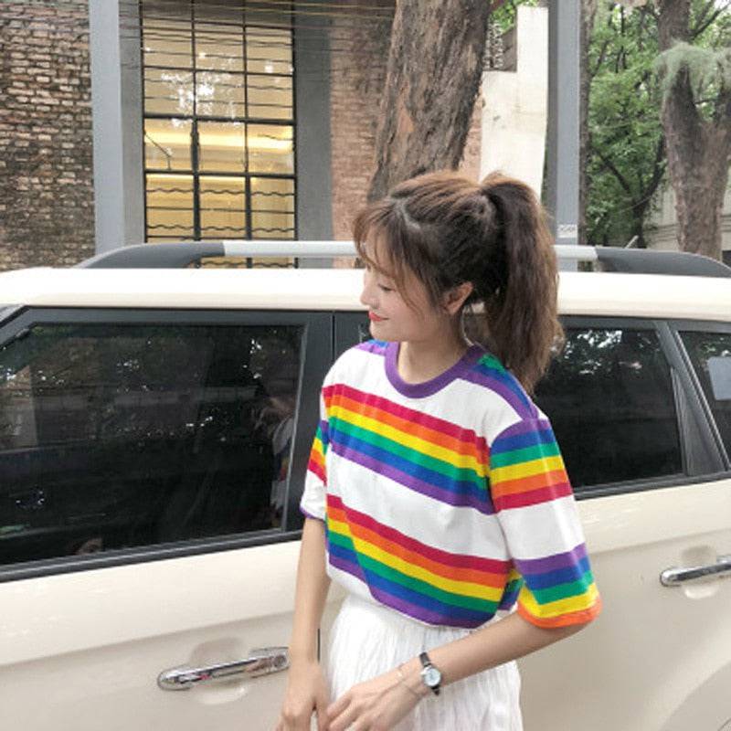 Rainbow and White Color Stripes Loose Half-Sleeved T-Shirt – Rose Gold ...