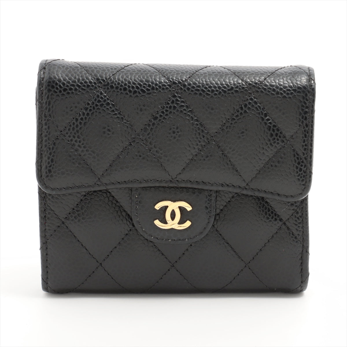 Chanel Coco Mark Caviarskin Compact Wallet Black Gold Metal