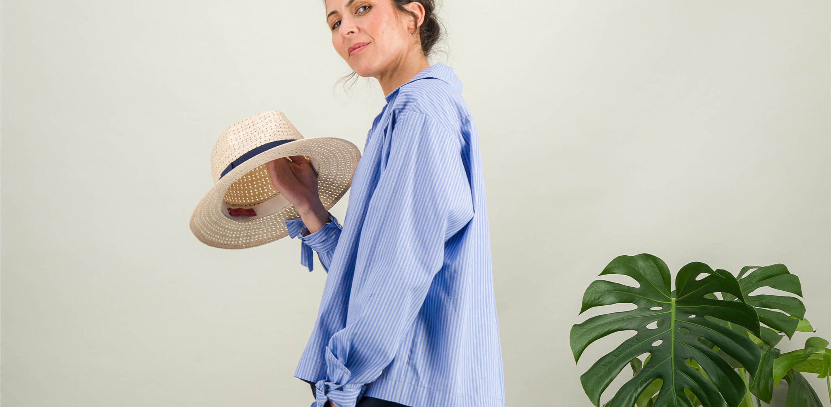 blue cotton poplin shirt with striped bows on the cuffs