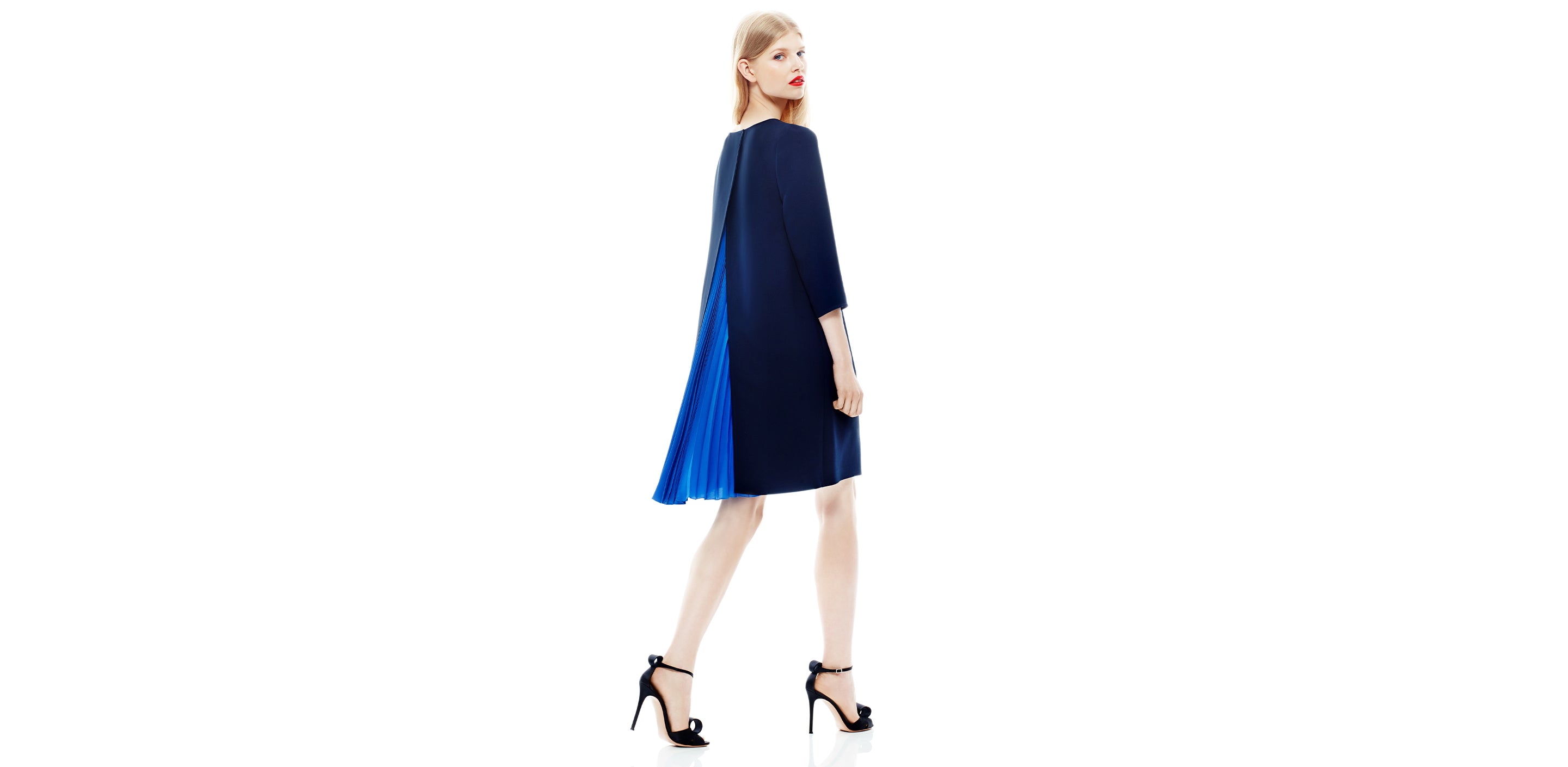 comet and amaya duo dresses in navy viscose and anahide pleated silk saint andre