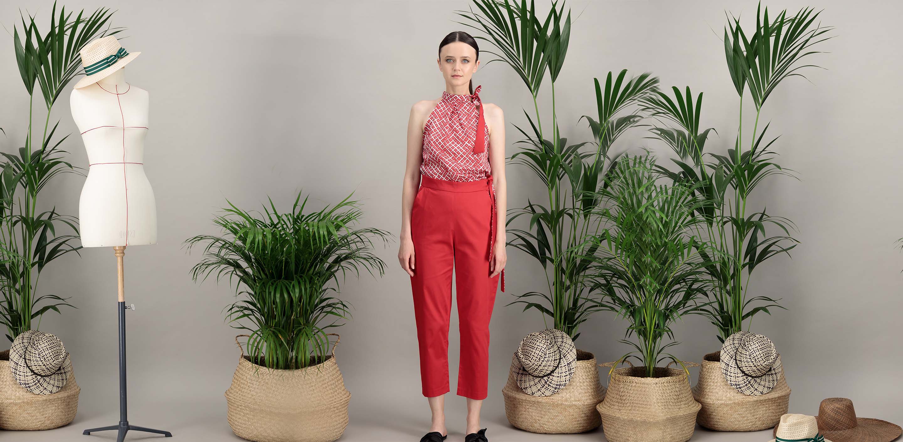 high-waisted red cotton straight pants