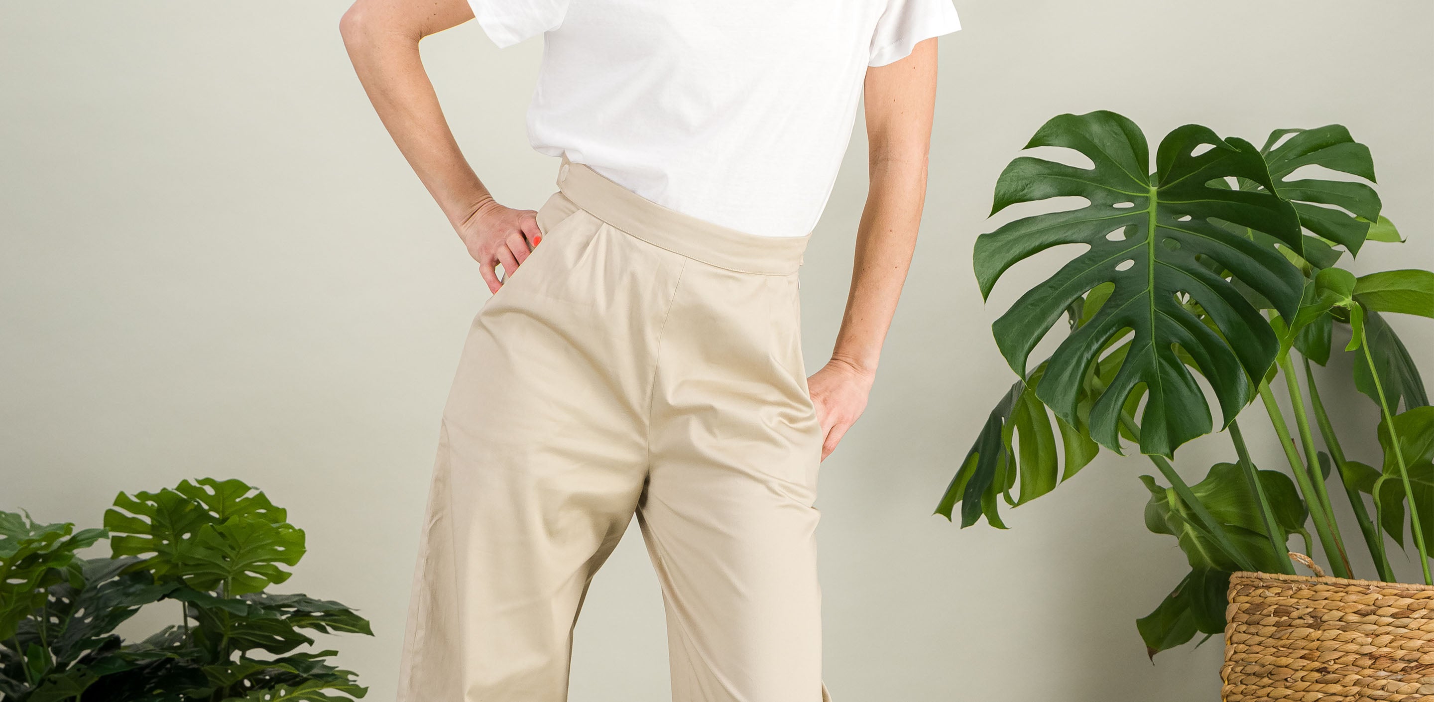 Pantalon large en coton taille haute beige