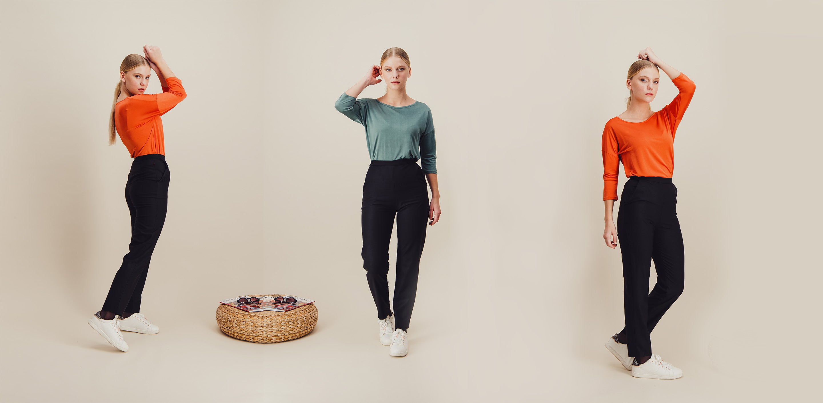 pantalon noir en laine casual et haut en maille de soie vert et orange