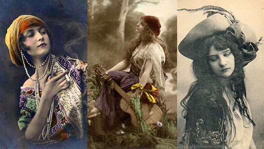retratos de mujeres bohemias de principios del siglo XIX con vestidos y accesorios boho
