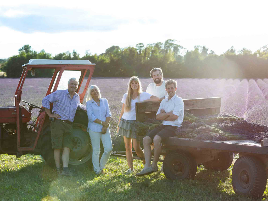 Group of people sitting and leaning on farm trailer and tractor on a sunny day in front of lavender fields in bloom