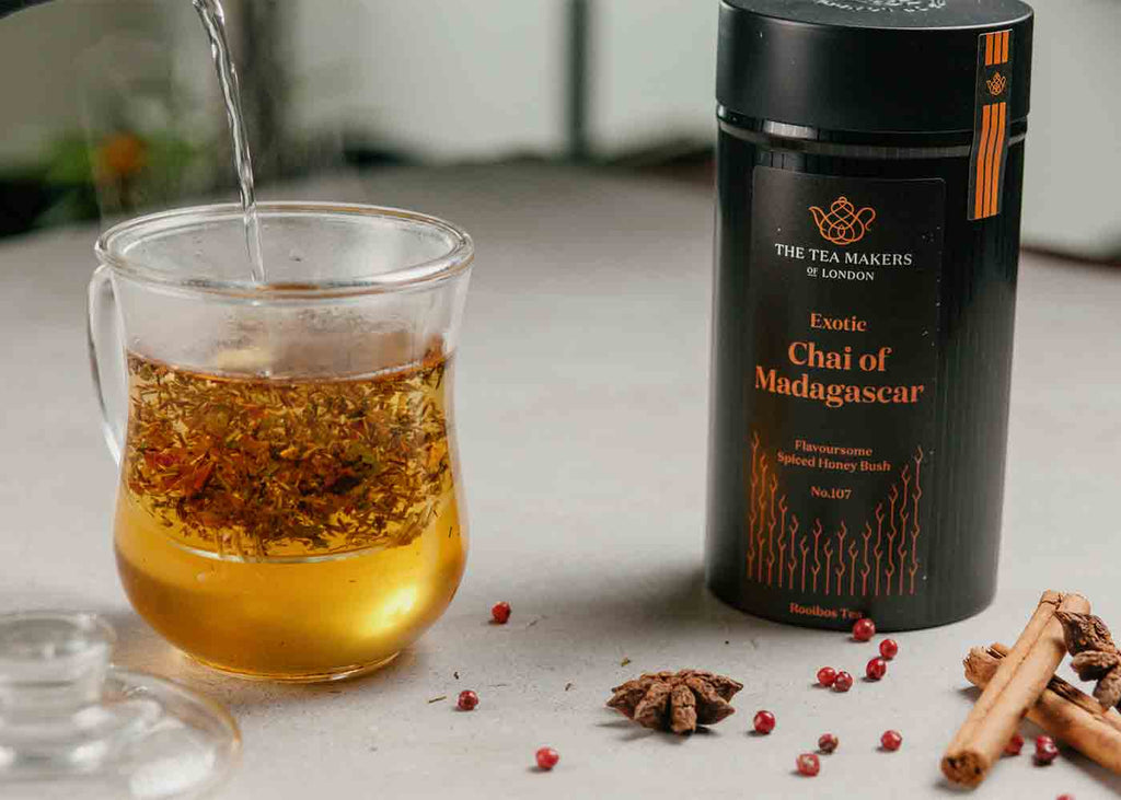 Chai of Madagascar tea in glass infuser mug