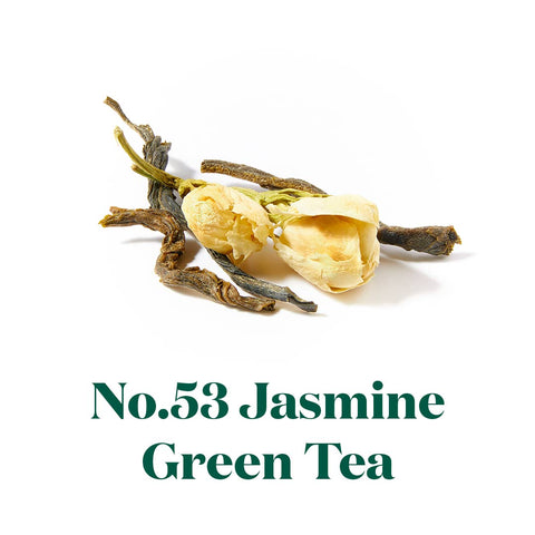 Green tea leaf with yellow jasmine blossom above green text