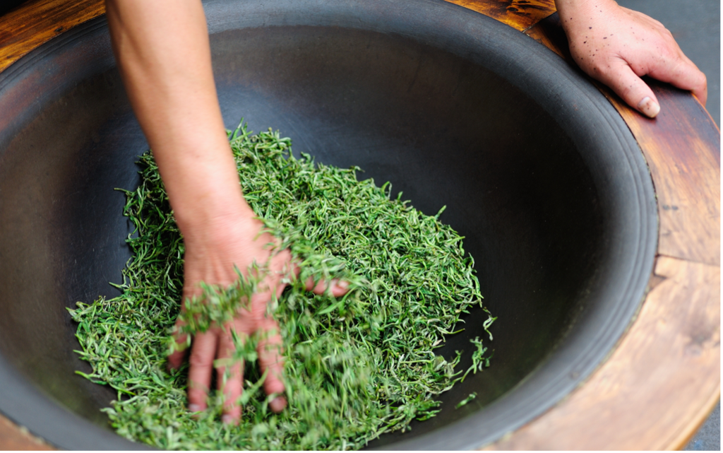 Green Tea leaves in large black bowl being spun by hand.