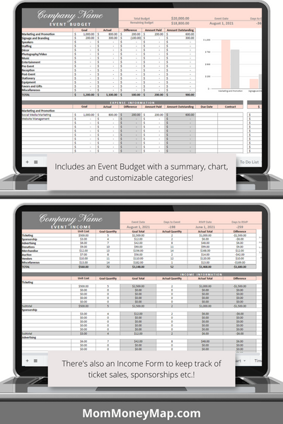 Gala Event Planner Google Sheets Spreadsheet Mom Money Map