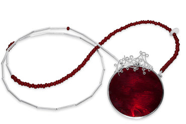 Christmas red! Glass and silver filagree pendant.