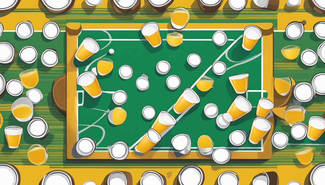 Beer Pong -pöytä, jossa kupit on järjestetty kolmioon, pingispallot ja läikkynyttä olutta