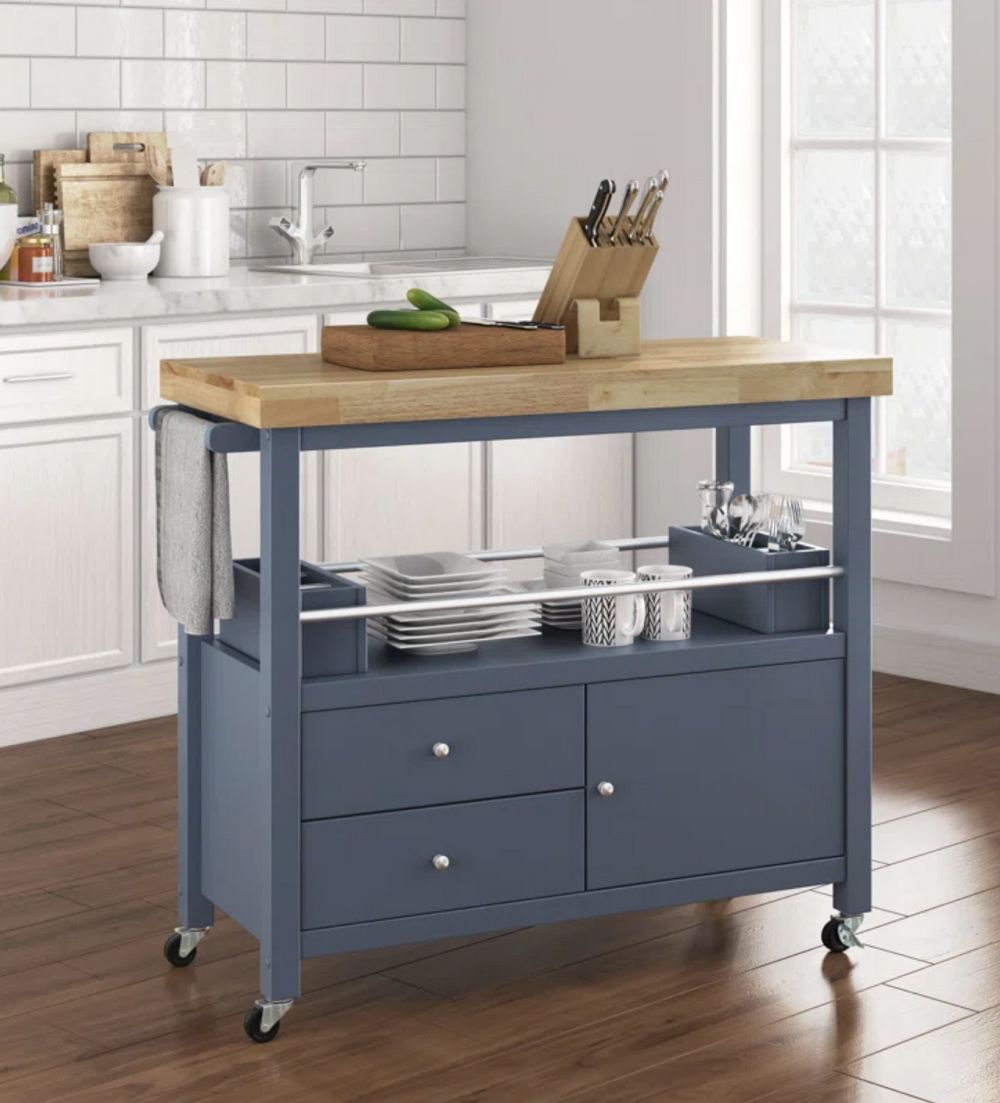 Blue Wood 50.3 in. Kitchen Island Set with Drop Leaf and 2-Seatings, D