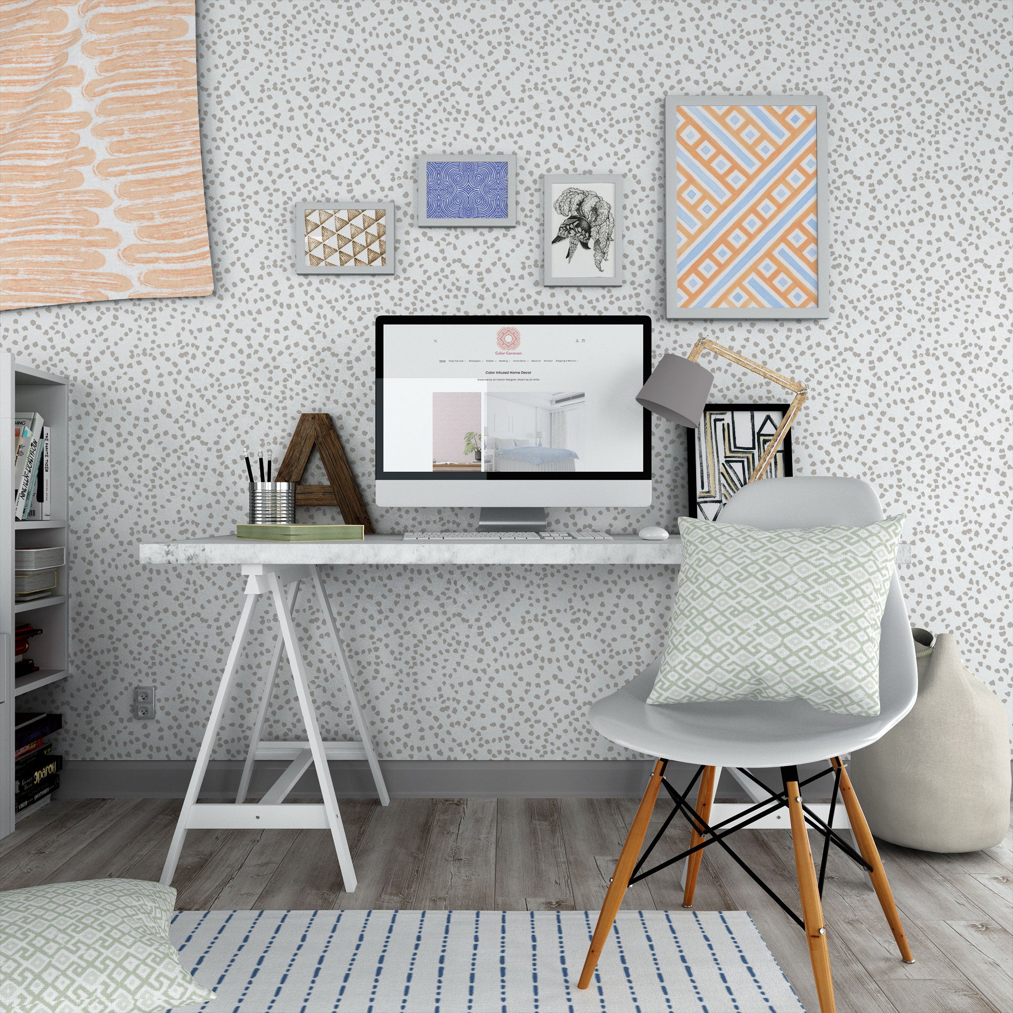 Boys Study Room With Desk and Color Caravan Wandering Path Wallpaper In Mushroom Taupe
